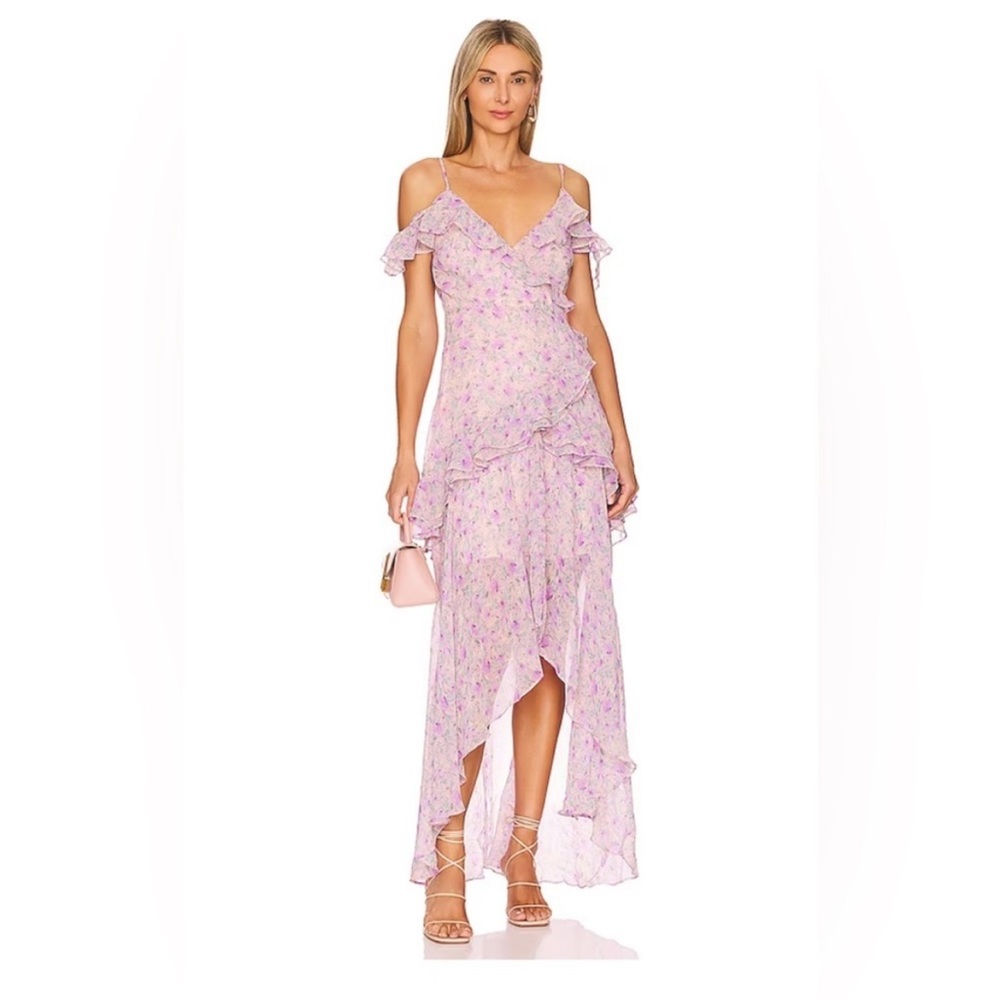 ASTR Lilac Purple Multi Pemberley Floral Ruffle Cold Shoulder Hi-Lo Maxi Dress